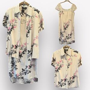 🥑Vintage BCBGMAXAZRIA 2 piece silk dress and top floral gray pink sheer panels